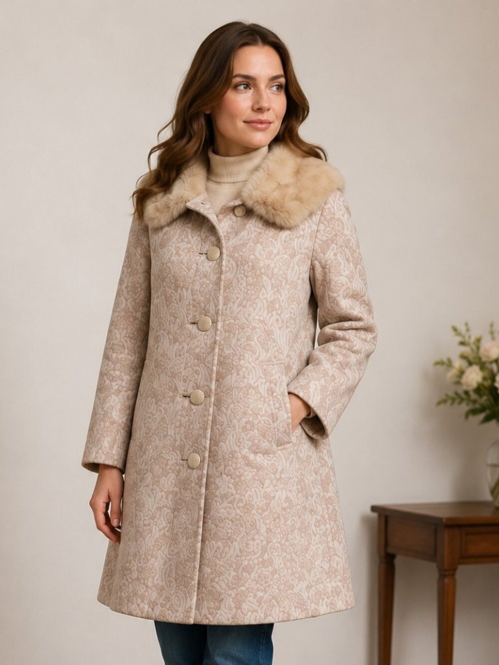 Vintage Brocade Swing Coat w/ Fur Collar Golet Original 1950s